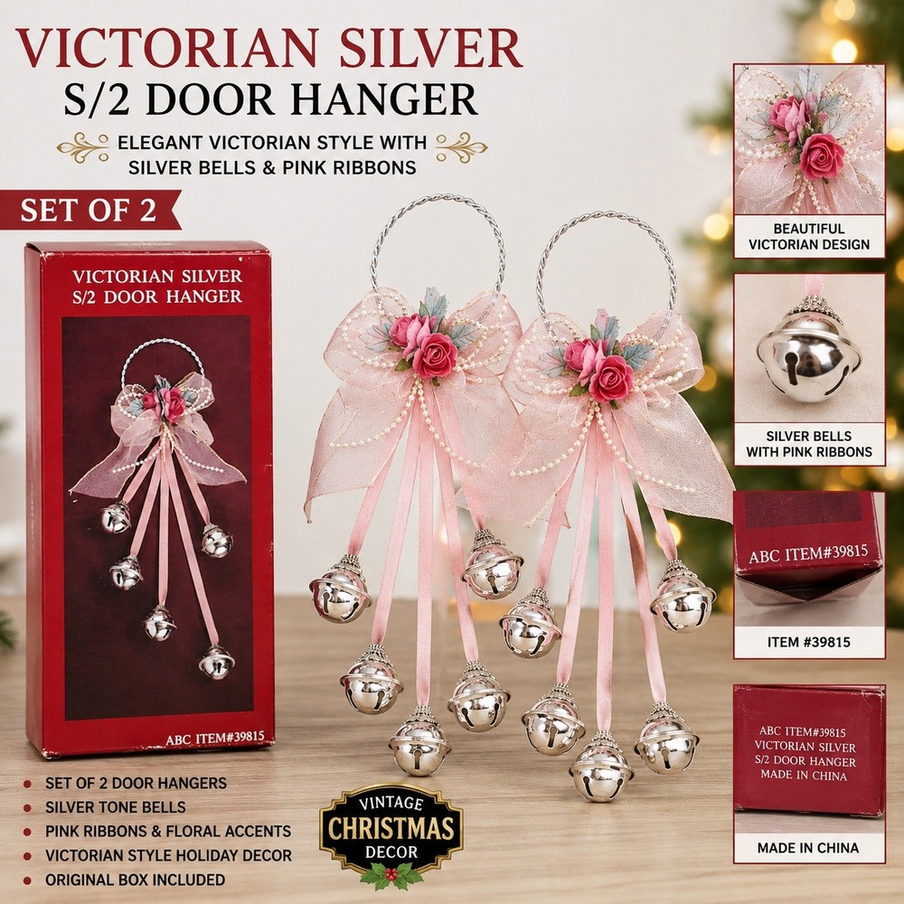 Victorian Silver Door Hanger Set of 2 Pink Ribbon Floral Bells ABC 39815 Vintage